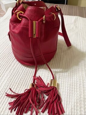 See By Chloe Red Leather Drawstring Bucket Bag with Tassels